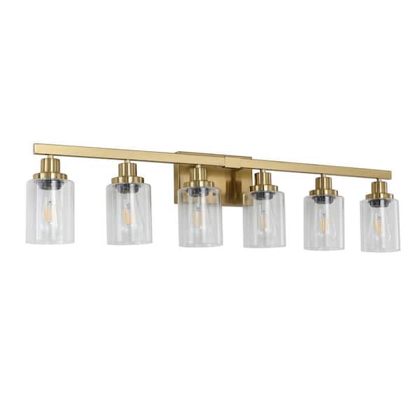36.8 in. 6-Light Rustic Gold Bathroom Vanity Light with Clear Glass Shades for Mirror, Vanity (Bulb Not Included)