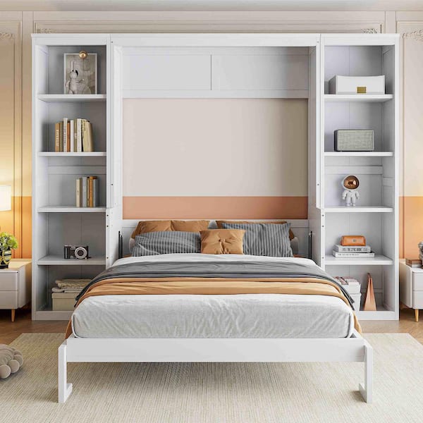 White Wood Frame Full Size Murphy Bed with Desk and Bookshelf