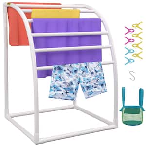 Pool Towel Rack 7 Bar 37.6 in. L x 37.6 in. W x 47 in. H Freestand Outdoor PVC Curved Poolside Storage Organizer, White