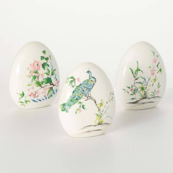SULLIVANS 5 in. Peacock And Floral Ceramic Eggs Set of 3