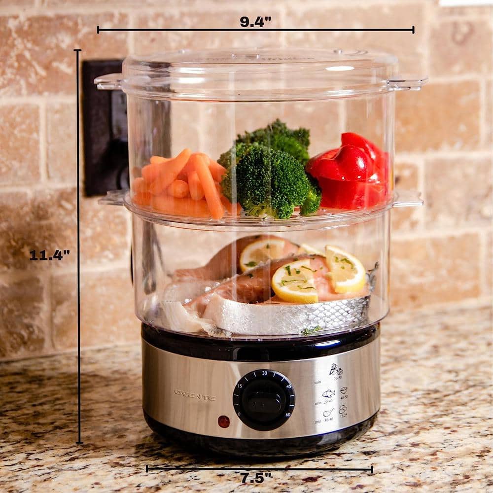 Silver 2-Tier Electric Food Steamer with Stainless Steel Base