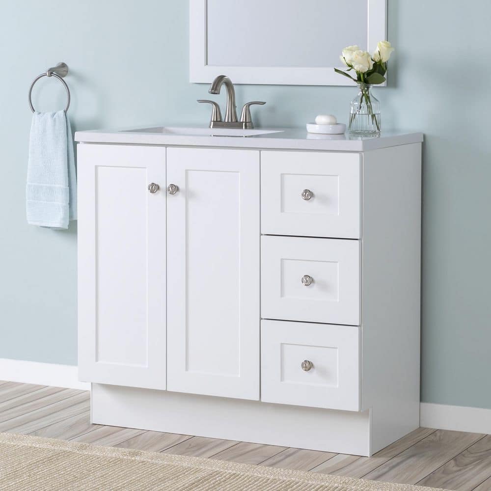 Glacier Bay Bannister 37 in. W x 19 in. D x 35 in. H Single Sink Freestanding Bath Vanity in White with White Cultured Marble Top