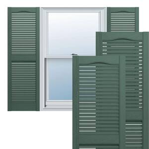 14.5 in. W x 56 in. H Custom Cathedral Top Center Mullion, Open Louver Shutters Pair in Forest Green