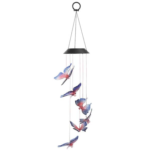 ITOPFOX 26.77 in. Solar LED Butterfly Wind Chimes in Blue and Red, Color Changing Patio Garden Decor