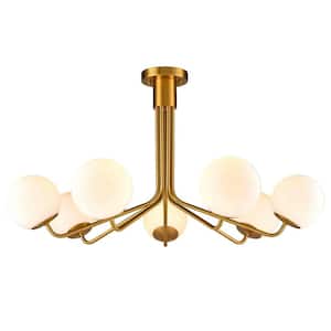 36.2 in. 7-Light Gold Modern Semi-Flush Mount with Frosted Glass Shade and No Bulbs Included 1-Pack
