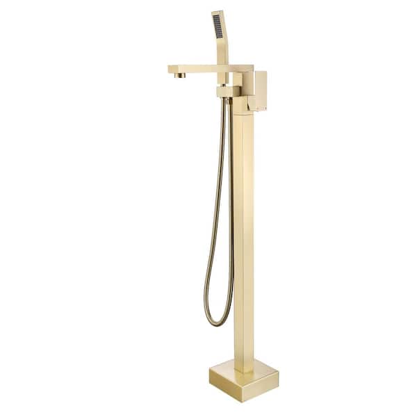 WELLFOR Free Standing Tub Faucets with Shower in Brushed Gold, Single Handle Tub Fillers, Floor Mounted, 2.5 GPM