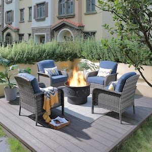 Denali Gray 5-Piece Wicker Outdoor Patio Conversation Chair Set with a Wood-Burning Fire Pit and Denim Blue Cushions