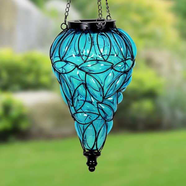 Glass Tear-Shaped Hanging Lantern Exhart Lavender Solar Lantern Teardrop Glass Ceiling Lantern Hangs in a Metal Cage w/ 12 Blue LED Firefly Solar Lights 7 L x 7 W x 24 H
