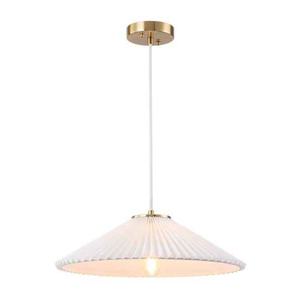 Haven 1-Light 18 in. Brass and White Transitional Craftsman Disc Pendant Light with Pleated Fabric Shade for Living Room