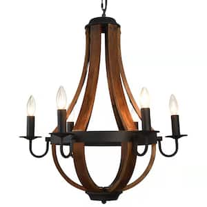 Everwood 6-Light Brown Rustic Candle Style Farmhouse Medieval Chandelier, Real Wood and Adjustable Height
