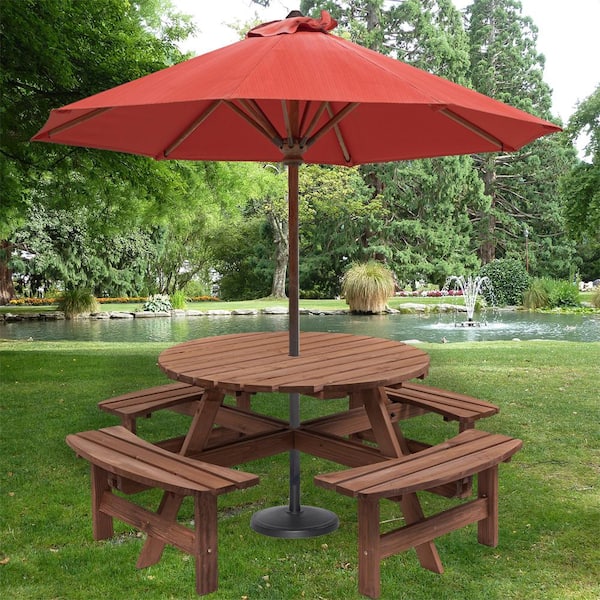 ITOPFOX 70.07 in. W Brown 8-Person Fir Wood Picnic Table, Outdoor Camping Dining Table with 4 Built-in Benches for Garden