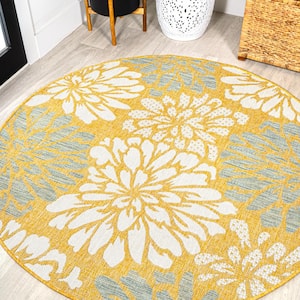 Zinnia Modern Floral Textured Weave Yellow/Cream 5 ft. Round Indoor/Outdoor Area Rug