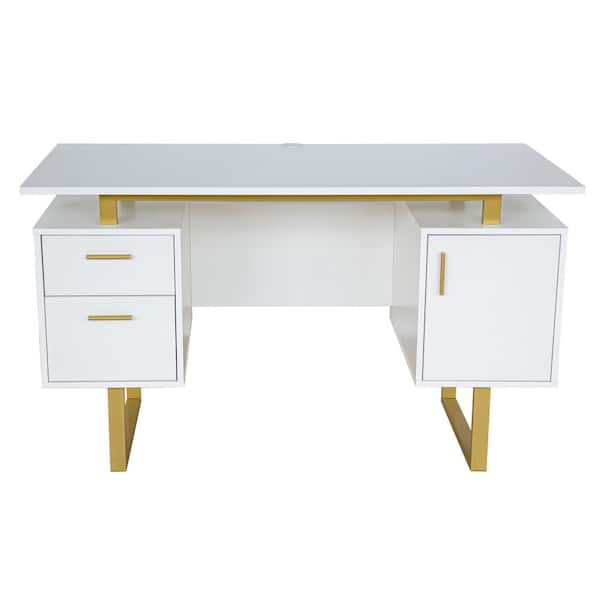 Techni Mobili White and Gold Desk for Office with Drawers & Storage