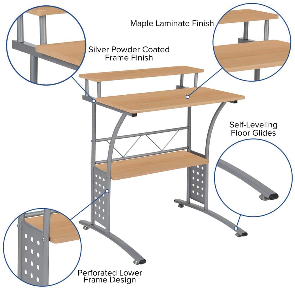 Clifton 28" Maple and Silver Compact Computer Desk with Storage Shelves
