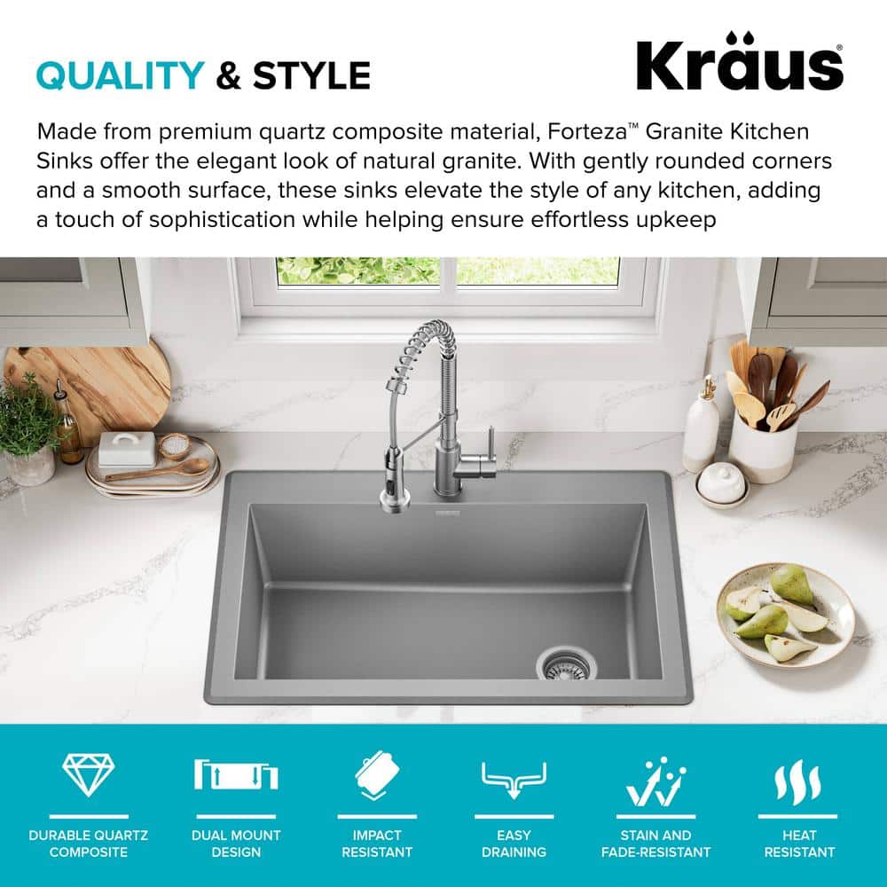 Gray 33-Inch Single Bowl Granite Drop-In Kitchen Sink