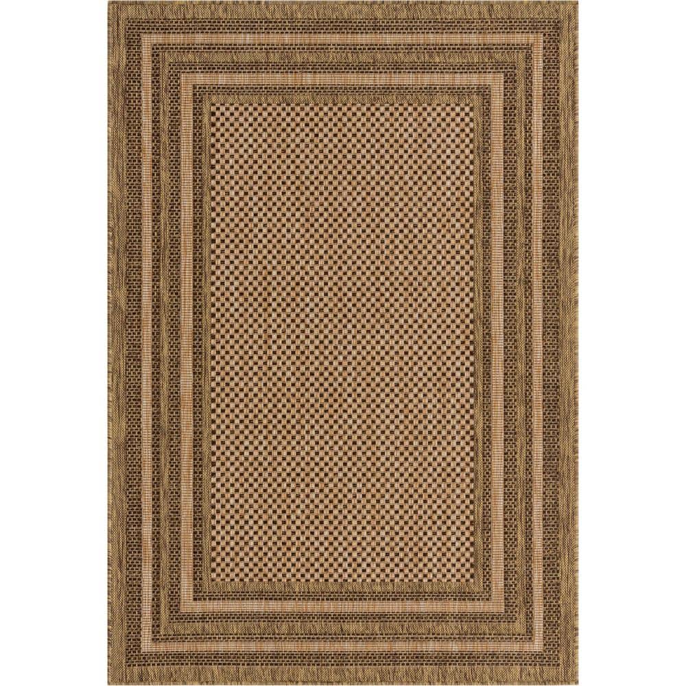 Multi-Border Brown Synthetic 4' x 6' Outdoor Area Rug