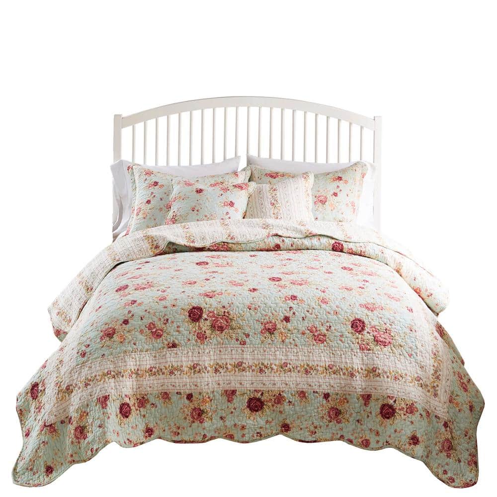 Blue Twin Cotton Reversible Floral Quilt Set