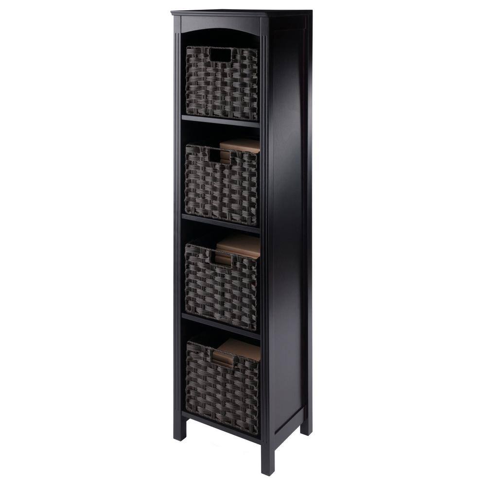 Espresso Solid Wood Terrace Storage Shelf with Chocolate Woven Baskets