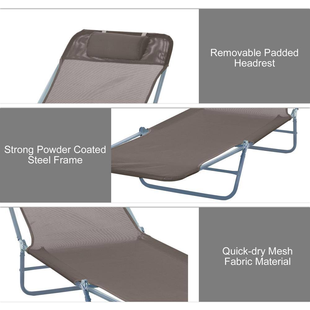 Brown Metal Foldable Outdoor Chaise Lounge with Mesh Fabric