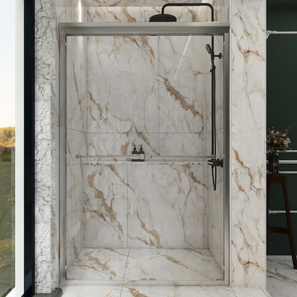Unbranded 48 in. W x 76 in. H Double Sliding Semi-Frameless Shower Door in Chrome Finish with Clear Glass