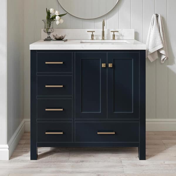 ARIEL Cambridge 36 in.W x 22 in.D x 36 in.H Single Rectangle Sink Bath Vanity in Midnight Blue with Carrara White Quartz Top
