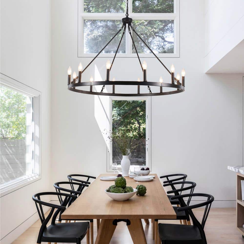 Matte Black 12-Light Candle Wagon Wheel Chandelier
