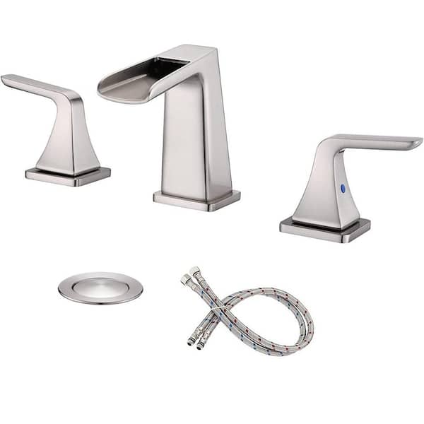 Tahanbath 8 in. Waterfall Bathroom Sink Faucet 3 Hole with Pop-Up Drain in Brushed Nickel
