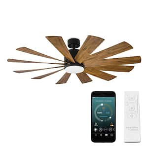 Windflower 60 in. Smart Indoor/Outdoor 12-Blade Ceiling Fan Matte Black Distressed Koa with 3000K LED and Remote Control