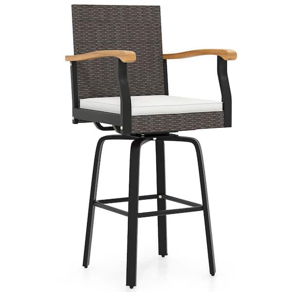 360° Swivel Wicker Outdoor Bar Stool with Removable Cushion Footrests