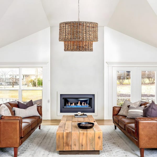 5 Light Distressed White Seagrass Beachy Bohemian Drum Chandelier for Living Room Dining Room Bedroom No Bulbs Included