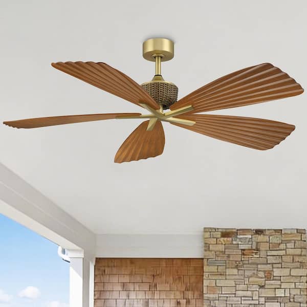 56 in. Gold Downrod Mount Leaf Outdoor Ceiling Fan with Remote Control, 5 Brown Blades, Wet Rated for Patios