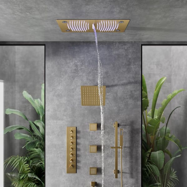 Large 63-Spray 28L in. and 8 in. Dual ShowerHead Ceiling Mount Fixed and Handheld Shower Head in Brush Gold 2.5GPM