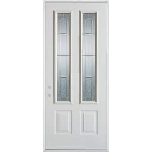36 in. x 80 in. Geometric Brass 2 Lite 2-Panel Painted White Right-Hand Inswing Steel Prehung Front Door