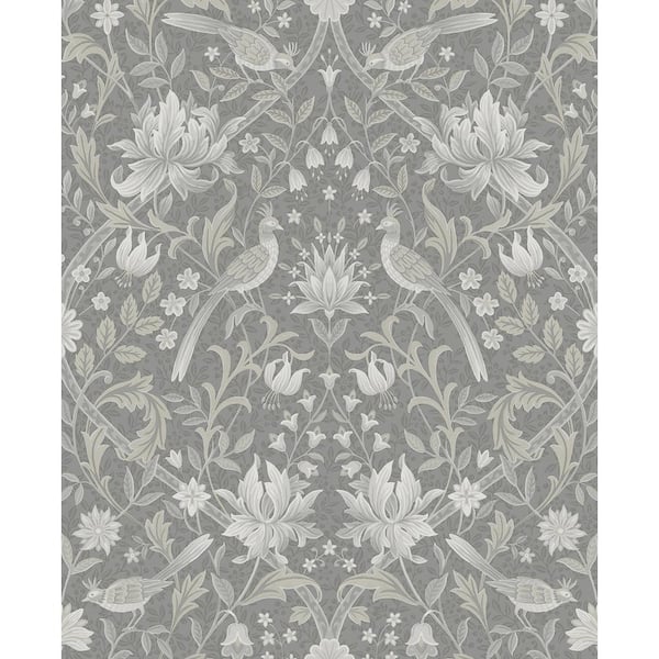 NextWall 15.38 sq. ft. Gray Smoke Vintage Bird Ogee Vinyl Peel and Stick Wallpaper Roll