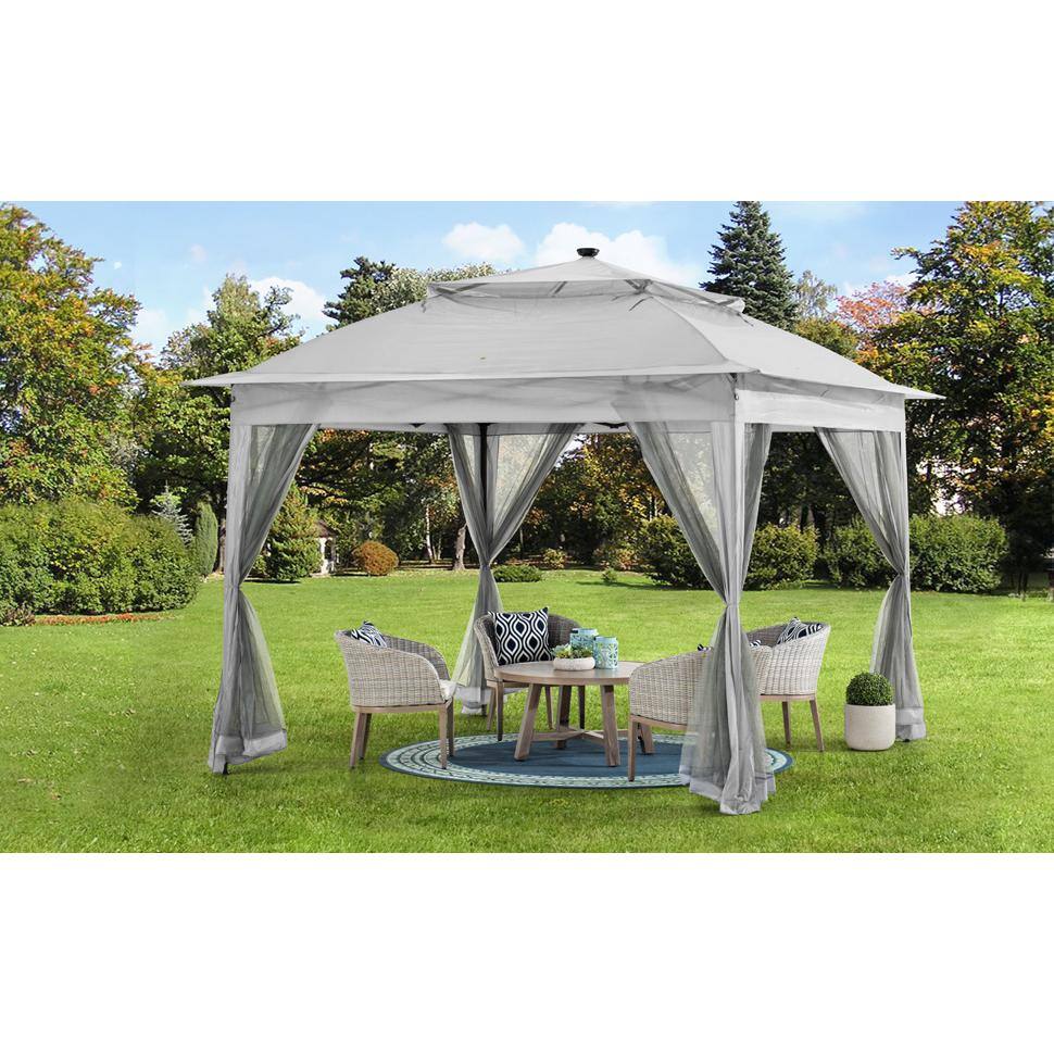 Gray 11x11 Steel Frame Pop-Up Gazebo with Solar LED Lights