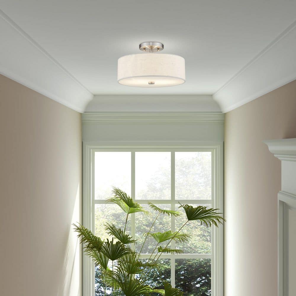 Elegant Meridian Brushed Nickel Drum Ceiling Light with Oatmeal Fabric Shade