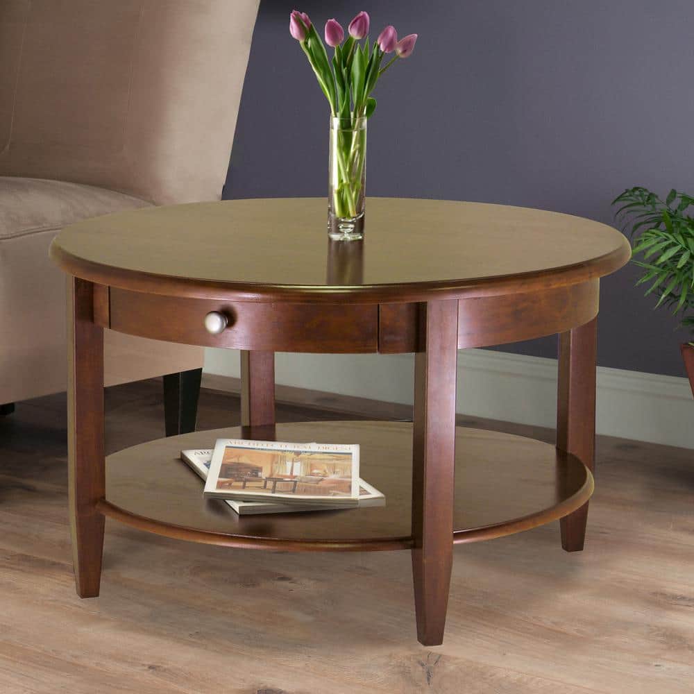 Transitional Antique Walnut Round Outdoor Coffee Table with Storage