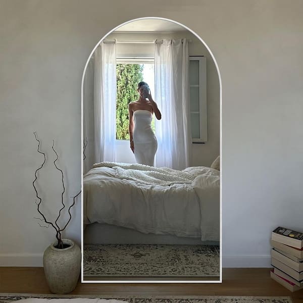 32 in. W x 71.1 in. H Arched Silver Aluminum Frame Oversized Classic Wall Mount Floor Mirror