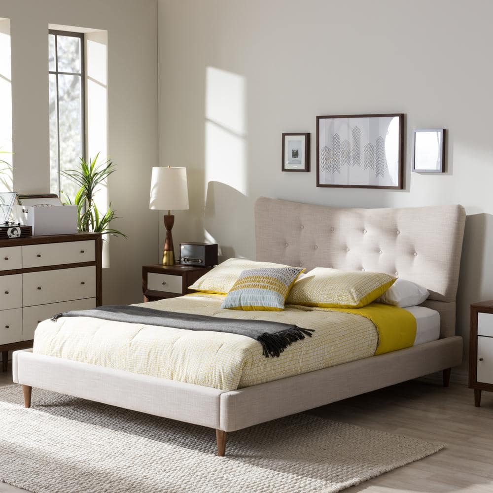 Hannah Beige Queen Linen Upholstered Platform Bed with Tufted Headboard