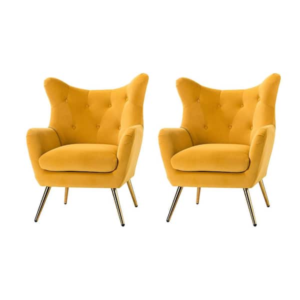 JAYDEN CREATION Jacob Mustard Velvet Wingback Chair with Tufted Cushions (Set of 2)