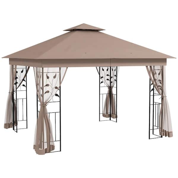 10 ft. x 11 ft. Metal Brown Patio Gazebo Double Roof Outdoor Gazebo Canopy Shelter