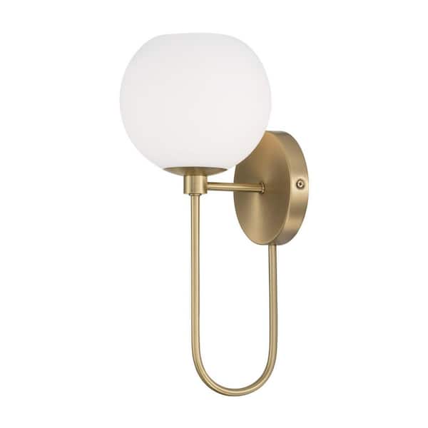 HOMEPLACE LIGHTING Ansley 1-Light Aged Brass 6.5 in. W x 15.25 in. H Wall Sconce with Circular Globe in Soft White Glass