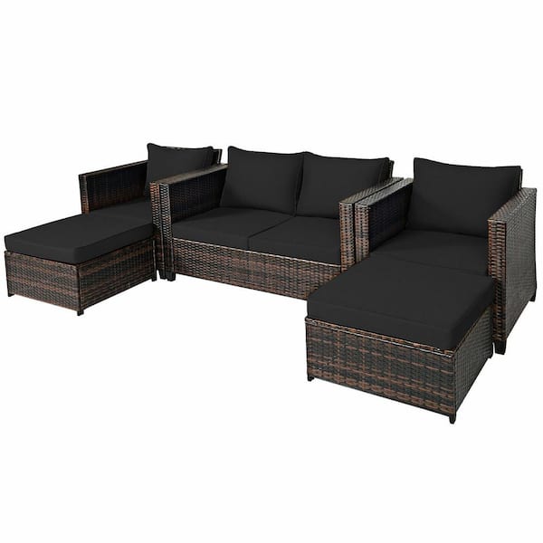 5-Piece Wicker Outdoor Patio Rattan Conversation Sofa Furniture Sectional Set with Black Cushions