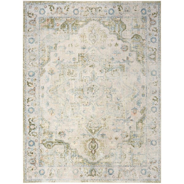 Astra Machine Washable Blue Green 7 ft. x 9 ft. Center medallion Traditional Area Rug
