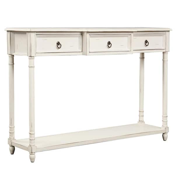 Polibi 51.57 in. Antique White Rectangle Shape Solid Wood Console Table with Projecting Drawers and Long Shelf