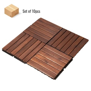 12 in. x 12 in. Striped Pattern Acacia Wood Interlocking Flooring Deck Tiles Square Outdoor Patio Brown Pack of 10 Tiles