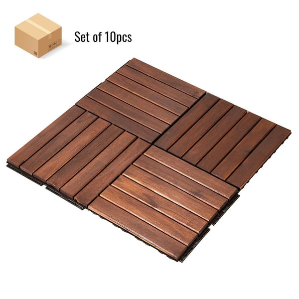 GOGEXX 12 in. x12 in. Square Acacia Wood Interlocking Flooring Deck Tiles Stripe Pattern for Patio in Brown (Pack of 10 Tiles)