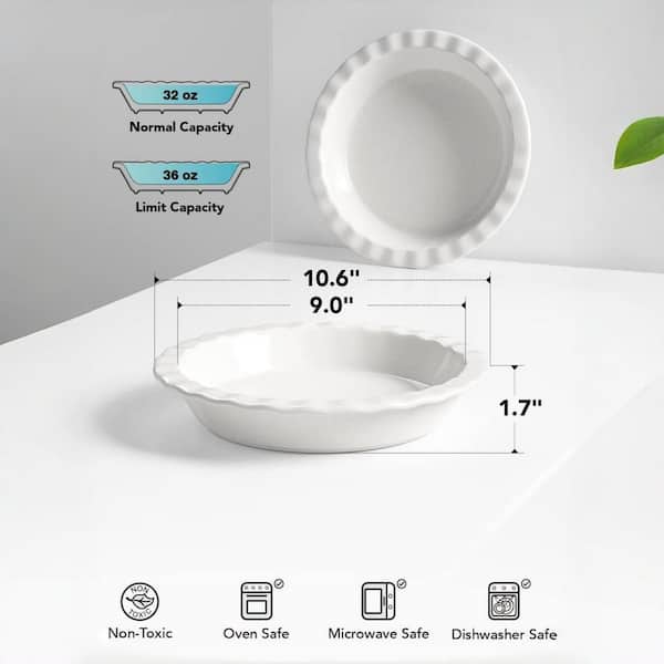 36 oz. Round Ceramic Pie Pan with Fluted for Kitchen, Baking and Apple Pie, White (2-Pack)