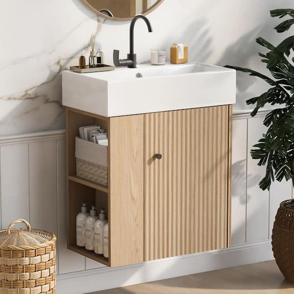 21.6 in Single Sink Floating Natural Oak Bath Vanity with White Ceramic Top