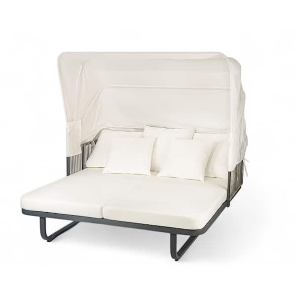 Wicker Outdoor Day Bed Lounge with Retractable Canopy, Beige Cushions